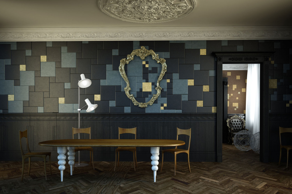 Elengant Lapèlle leather tiles composition for hotel lounge